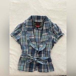 Body Central Medium Blue White Plaid Pattern Blouse Top Button Down Shirt Belt